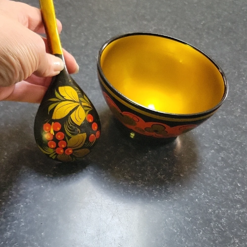 Russian Ukrainian Handcrafted Handpainted Yellow Black Flowers Bowl Spoon Wooden